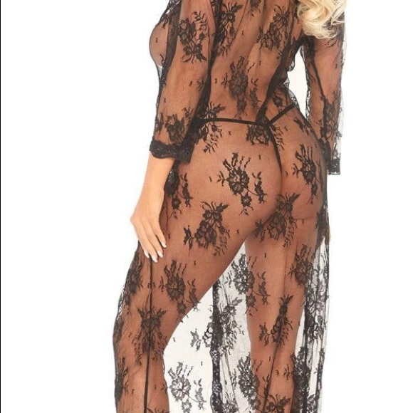 Long Lace Robe W/ Scalloped Trim, Satin waist Tie - Picture 4 of 7